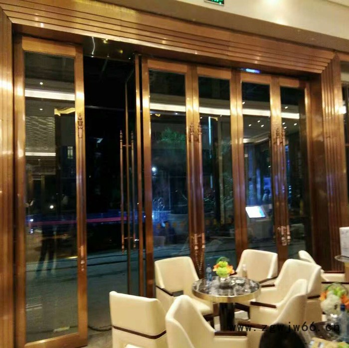 吉达旺定制非标酒店拉丝玫瑰金不锈钢玻璃推拉门 售楼部拉丝红古铜不锈钢玻璃大门 会所仿古铜地弹簧门 不锈钢玻璃门图5