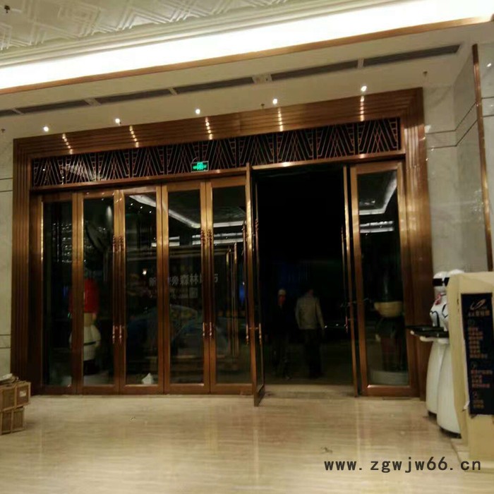 吉达旺定制非标酒店拉丝玫瑰金不锈钢玻璃推拉门 售楼部拉丝红古铜不锈钢玻璃大门 会所仿古铜地弹簧门 不锈钢玻璃门图7
