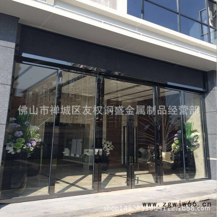 304不锈钢古铜色地弹簧玻璃门  办公楼黑钛金不锈钢推拉门图3