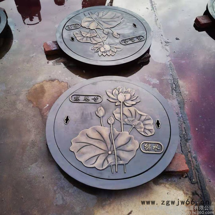 仿古荷花铸铁井盖  妙缘铜雕定制 1.5米仿古雨水井盖  铸彩色花纹井盖 圆形井盖 荷花井盖图4
