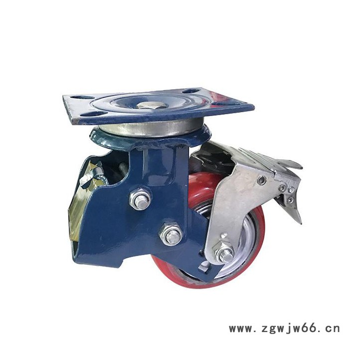 加工pu块双减震机构聚氨酯轮 铁芯聚氨酯双刹万向轮 足王减震万向轮 pu块双减震机构铁芯聚氨酯轮图3