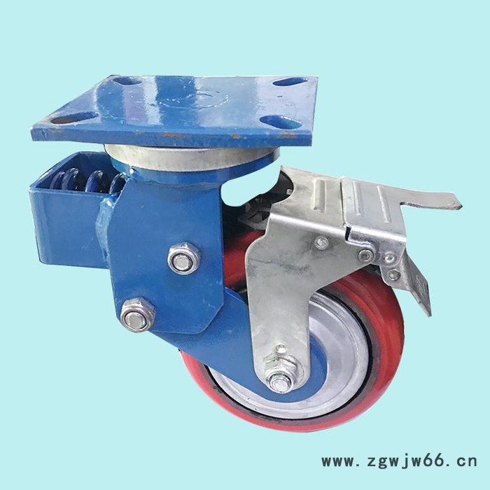 加工pu块双减震机构聚氨酯轮 铁芯聚氨酯双刹万向轮 足王减震万向轮 pu块双减震机构铁芯聚氨酯轮图4