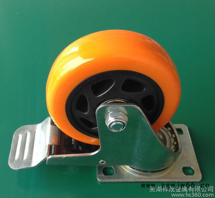 4寸橙色通花活动工业脚轮万向轮带刹车中型双轴pu聚氨酯轮耐磨