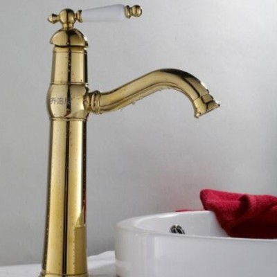 帆恩沙简约水槽厨房冷热水龙头全铜镀金坐式黄铜单把双孔面盆龙头