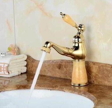 欧式天然玉石龙头全铜抽拉式金色水龙头台盆单孔面盆冷热水龙头图3