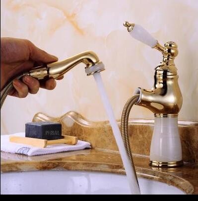 欧式天然玉石龙头全铜抽拉式金色水龙头台盆单孔面盆冷热水龙头图2