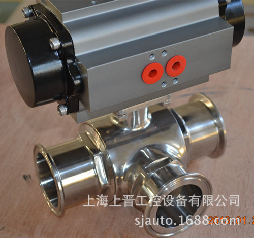 卫生级气动三通球阀，不锈钢材质，卡箍式连接