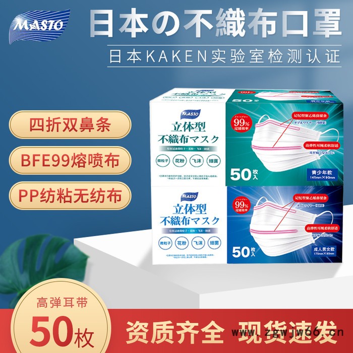 日本masto厂家一次性三层无纺布民用防护** 儿童成人双鼻条防尘透气白色口罩批发 **图3