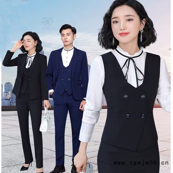 2022年秋冬款职业套装 男女工作制服 西装套装 酒店工作服 美容珠宝制服 衬衫马甲裤裙西装三件套图2