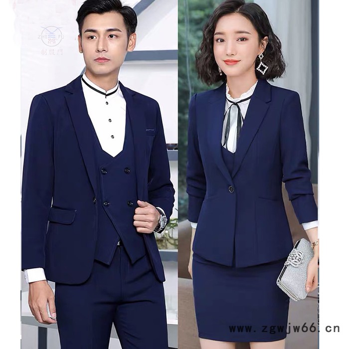 2022年秋冬款职业套装 男女工作制服 西装套装 酒店工作服 美容珠宝制服 衬衫马甲裤裙西装三件套图3