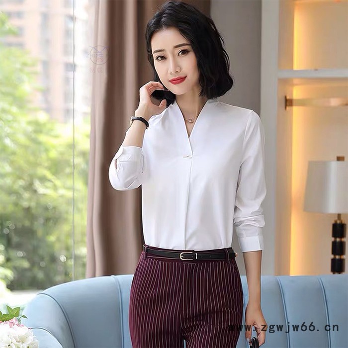 2022年秋冬款职业衬衫 V领衬衫 白色衬衫 长袖衬衣 上衣工作服 设计感上衣 休闲上衣 西装衬衫图2