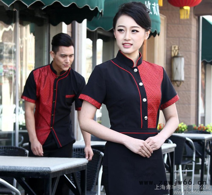 酒店工作服夏装 女餐厅制服 服务员工作服 刺绣中国风送围裙图2