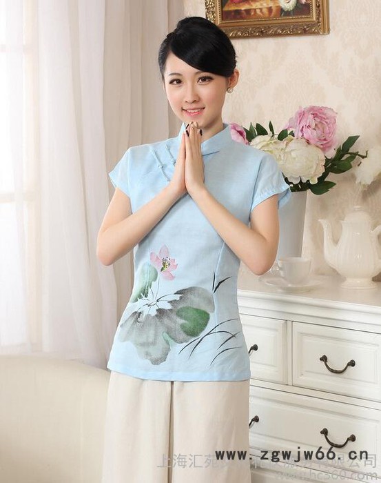 夏季新款蓝色亚麻斜襟短袖酒店桑拿会所工作服图3
