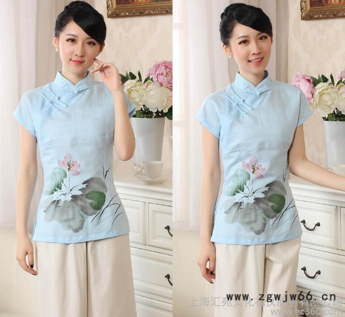 夏季新款蓝色亚麻斜襟短袖酒店桑拿会所工作服图2