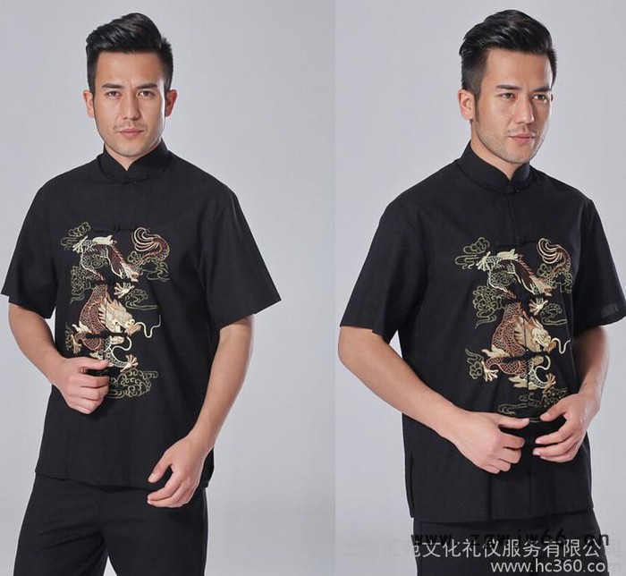高端定制黑色庄重龙纹短袖亚麻酒店工作服上衣图2