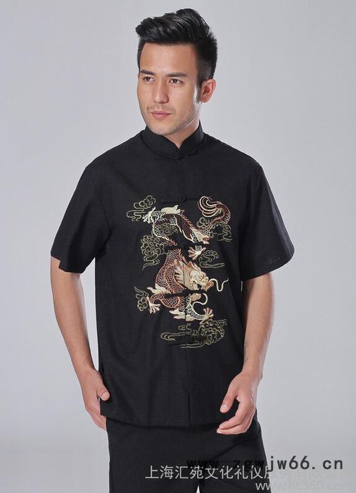 高端定制黑色庄重龙纹短袖亚麻酒店工作服上衣图3