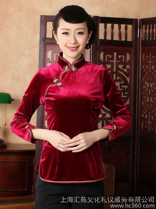 定制 秋季**长袖仿丝斜襟女士高端品牌酒店会所工作服图2