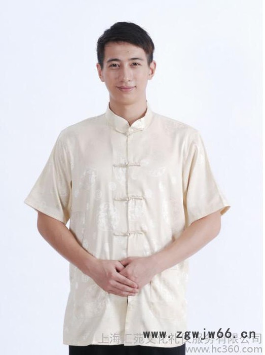 定制 中国风餐饮业丝绸工作服 男式短袖唐装上衣图2