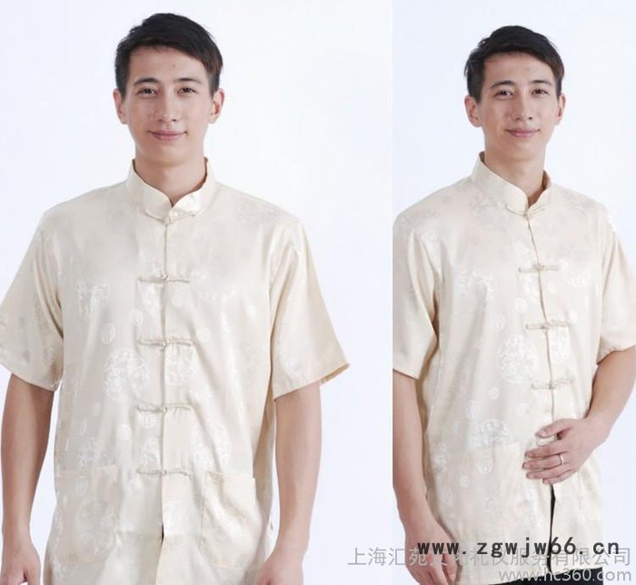 定制 中国风餐饮业丝绸工作服 男式短袖唐装上衣