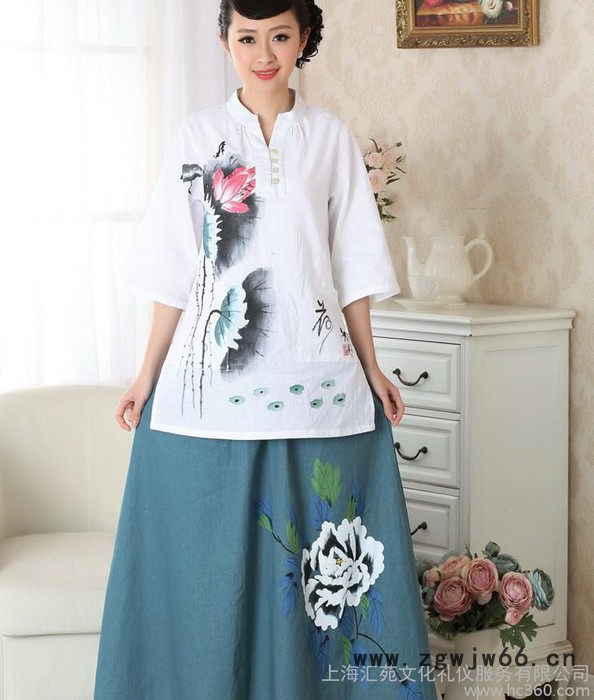 新款2014 酒店养生会所茶楼餐饮 工作服迎宾 手绘棉麻长裙图3