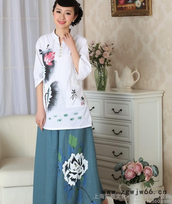 新款2014 酒店养生会所茶楼餐饮 工作服迎宾 手绘棉麻长裙图2