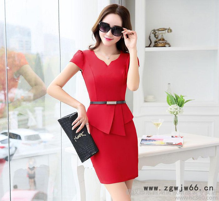 夏季新款女士OL短袖职业装女装美容师工作服连衣裙修身 送腰带图2