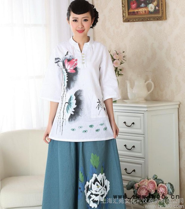 上海品牌 夏季餐饮茶楼茶艺师表演招待手绘画工作服演出服