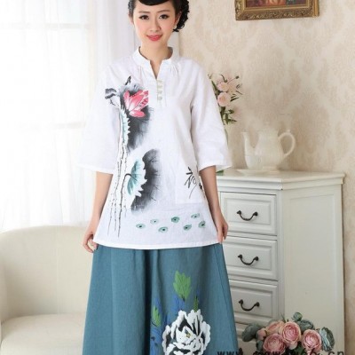 上海品牌 夏季餐饮茶楼茶艺师表演招待手绘画工作服演出服