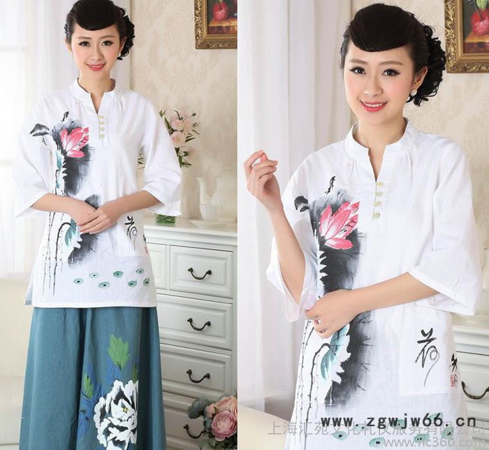 上海品牌 夏季餐饮茶楼茶艺师表演招待手绘画工作服演出服图2