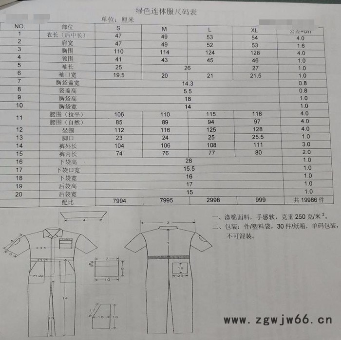 棉涤连体服、短袖连体服、绿色工作服、短袖