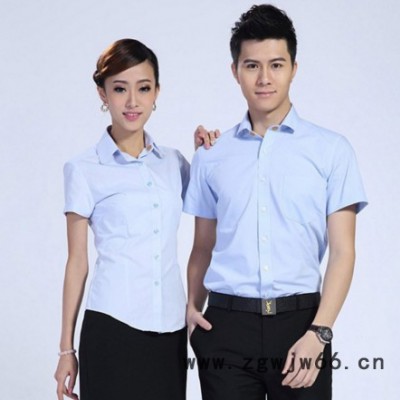 厂家货源定做logo男女工作服职业装修身短袖小方领衬衫