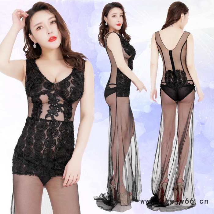 伊靓姿性感透视连衣裙长款网纱花朵拖尾深V露背夜店女装2019新款晚礼服沐足桑拿工作服酒店KTV工作服图2