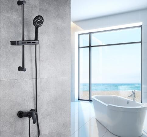 简易全铜家用黑色手持增压花洒套装卫生间浴室浴缸冷热混水阀龙头图2