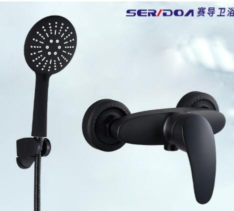 简易全铜家用黑色手持增压花洒套装卫生间浴室浴缸冷热混水阀龙头图3