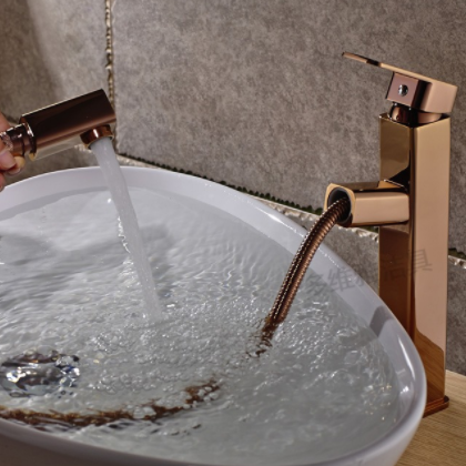 台上盆新款 全铜高款玫瑰金洗脸盆龙头 抽拉伸缩冷热水龙头图2