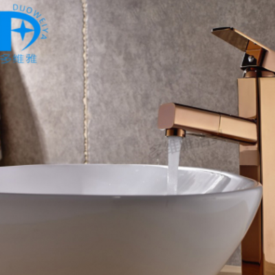 台上盆新款 全铜高款玫瑰金洗脸盆龙头 抽拉伸缩冷热水龙头