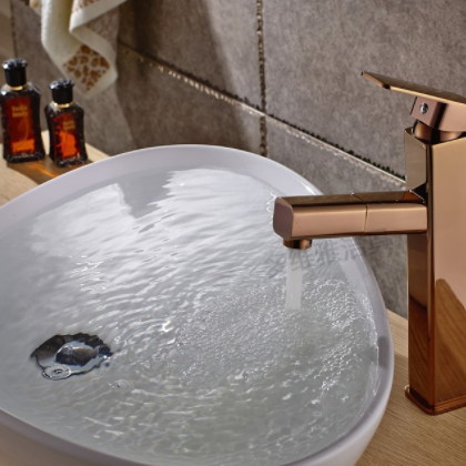 台上盆新款 全铜高款玫瑰金洗脸盆龙头 抽拉伸缩冷热水龙头图3