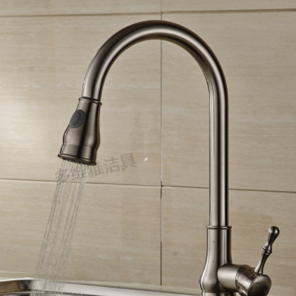 全铜拉丝抽拉龙头伸缩式菜盆龙头 多功能冷热厨房旋转水龙头