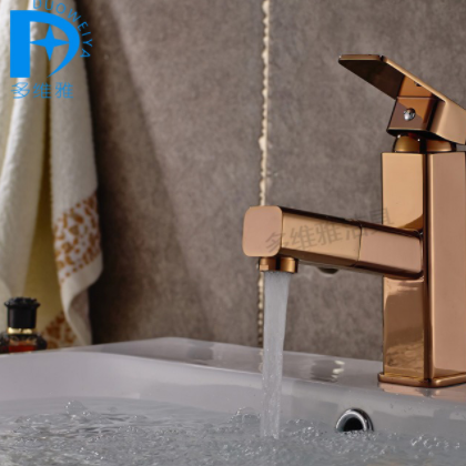 欧式四方冷热金色抽拉水龙头全铜玫瑰金龙头 金色洗脸盆龙头
