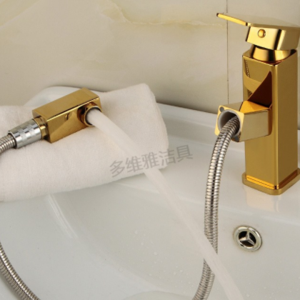 龙头厂家直供 欧式全铜金色冷热混水龙头 仿古抽拉面盆龙头图2