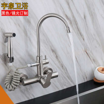 多功能304不锈钢拉丝冷热入墙式360旋转双孔增压花洒厨房水龙头图3