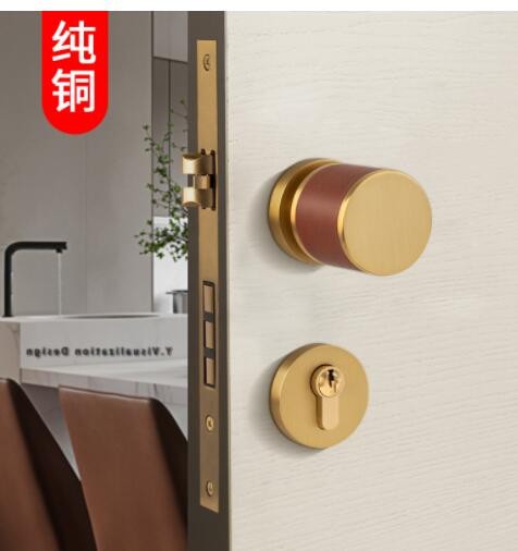 新品高档纯铜隐形门锁 室内静音房门锁黑色真皮球形单面锁门把手图3