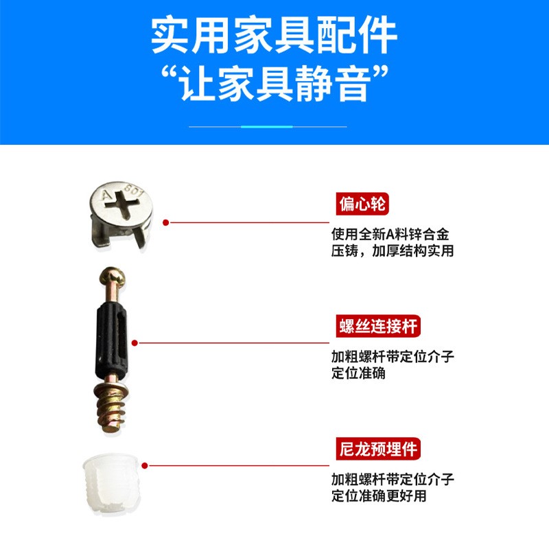 家具三合一连接件快装杆7/12厘牙自攻杆偏心轮胶粒二合一套装批发图2